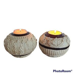Elements Two Set Resin Tealight Votive Holders Leaf Nature Theme Neutral Colors